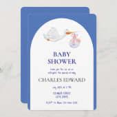 コウノトリが少年の赤ちゃんシャワーブルーを提供 招待状 (正面/裏面)