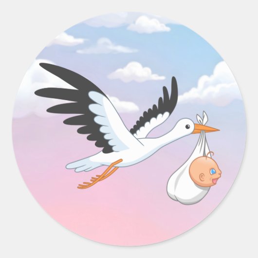 コウノトリが赤ちゃんを運ぶ空雲 ラウンドシール (正面)