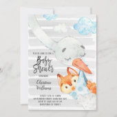 コウノトリとキツネカブボーイ赤ちゃんシャワーブルー&グレーキュート 招待状 (正面)