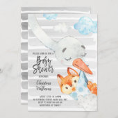 コウノトリとキツネカブボーイ赤ちゃんシャワーブルー&グレーキュート 招待状 (正面/裏面)
