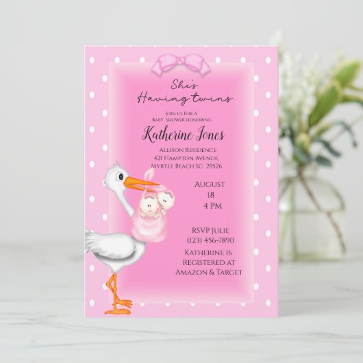 コウノトリとツイン・ガールズシャワー招待状 招待状 (スタンド正面)