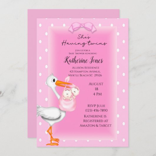 コウノトリとツイン・ガールズシャワー招待状 招待状 (正面/裏面)