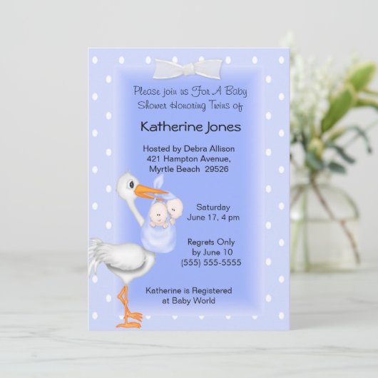 コウノトリとツイン・ボーイズ・シャワー招待状 招待状 (スタンド正面)