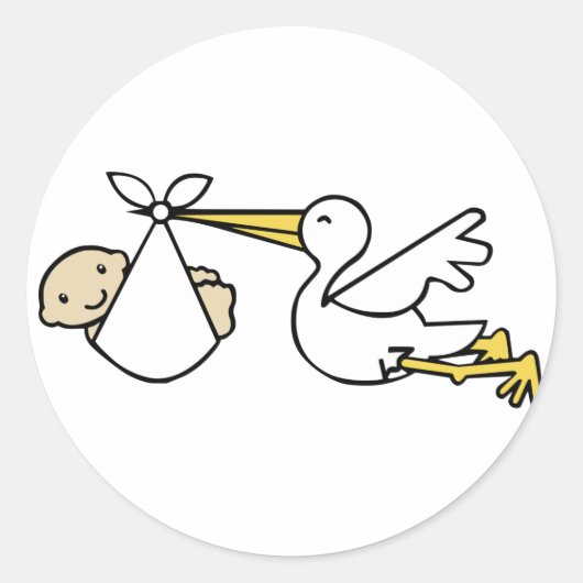 コウノトリとベビー漫画かわいい誕生のお知らせ ラウンドシール (正面)