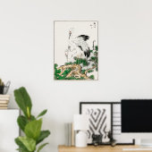 コウノトリとマツのヴィンテージ日本の木版画 ポスター (ホームオフィス)