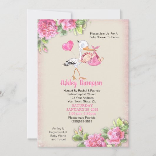 コウノトリと水彩花女の子ベビーシャワー 招待状 (正面)