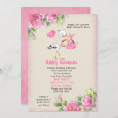 コウノトリと水彩花女の子ベビーシャワー 招待状 (正面/裏面)