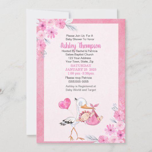 コウノトリと水彩花女の子ベビーシャワー 招待状 (正面)