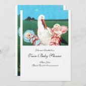 コウノトリのツイン赤ちゃんシャワーピンク白招待状 招待状 (正面/裏面)