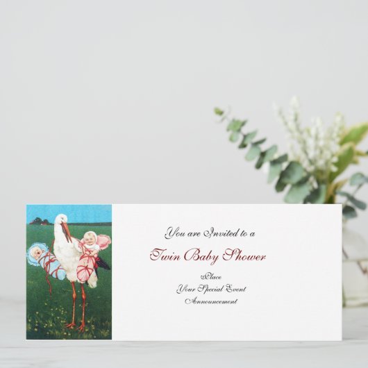 コウノトリのツイン赤ちゃんシャワー白 招待状 (スタンド正面)