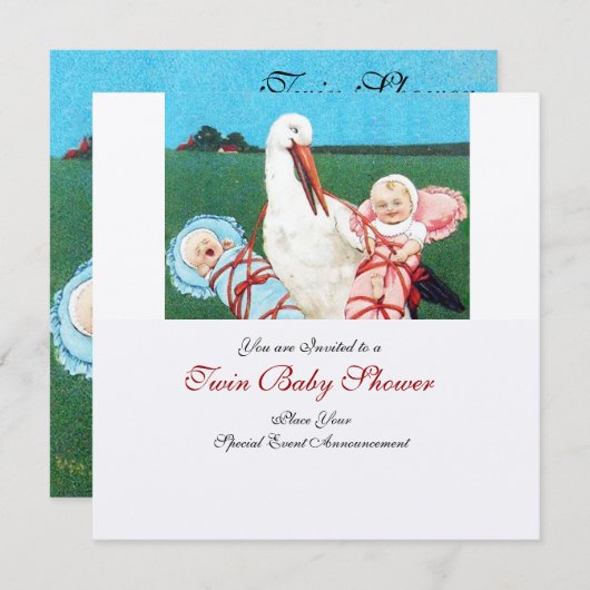 コウノトリのツイン赤ちゃんシャワー、金ゴールド金属紙 招待状 (正面/裏面)
