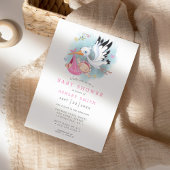 コウノトリのピンクの水の色の鳥の女の子モダン赤ちゃんシャワー 招待状