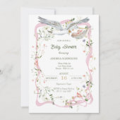 コウノトリのワイルドフラワーリボンと弓ベビーシャワー 招待状 (正面)