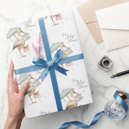 コウノトリのワイルドフラワーリボンベビーシャワー ラッピングペーパー (ギフト)