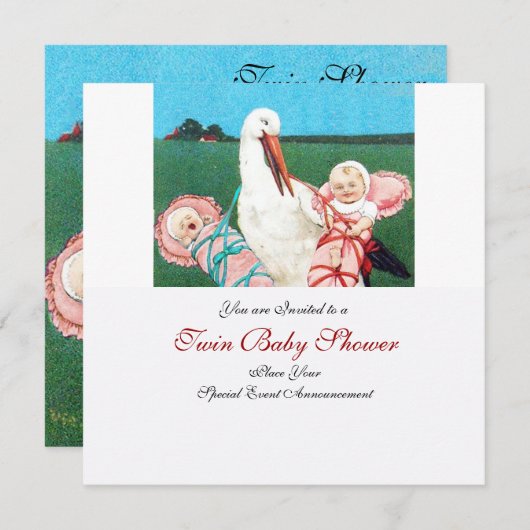 コウノトリの双子の赤ちゃんガールシャワー 招待状 (正面/裏面)