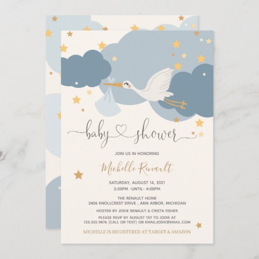 コウノトリの特産少年ベビーシャワー 招待状 (正面/裏面)