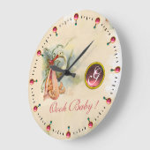 コウノトリの赤ちゃん女の子シャワー小指玉石モノグラム ラージ壁時計 (傾斜)