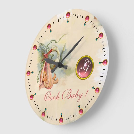 コウノトリの赤ちゃん女の子シャワー小指玉石モノグラム ラージ壁時計 (傾斜)