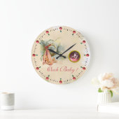 コウノトリの赤ちゃん女の子シャワー小指玉石モノグラム ラージ壁時計 (ホーム)