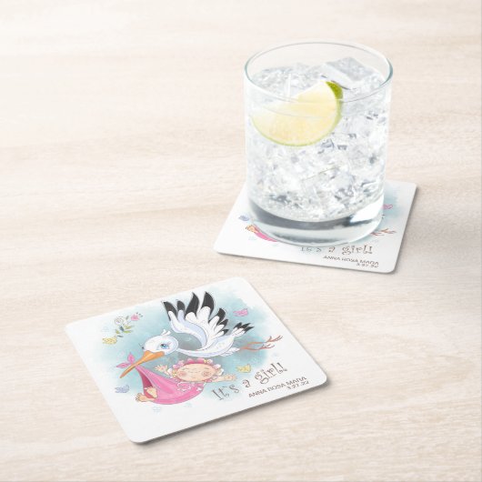 *~*コウノトリの赤ん坊の鳥が花の赤ちゃんシャワー スクエアペーパーコースター (インサイチュ)