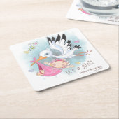 *~*コウノトリの赤ん坊の鳥が花の赤ちゃんシャワー スクエアペーパーコースター (アングル)