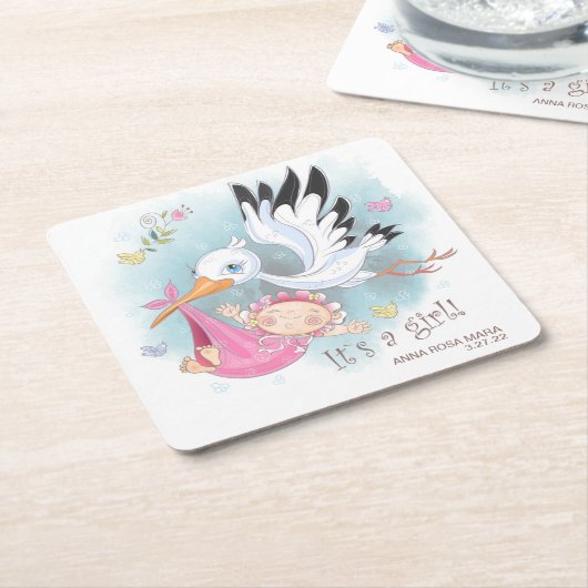 *~*コウノトリの赤ん坊の鳥が花の赤ちゃんシャワー スクエアペーパーコースター (アングル)