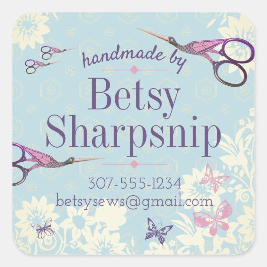 コウノトリはさみ裁縫キルターパーソナライズされた スクエアシール (正面)