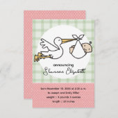 コウノトリベビーの誕生のお知らせ（ピンク） 案内状 (正面/裏面)