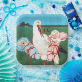 コウノトリ双児シャワーモノグラム ペーパープレート (パーティー)