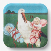 コウノトリ双児シャワーモノグラム ペーパープレート (正面)