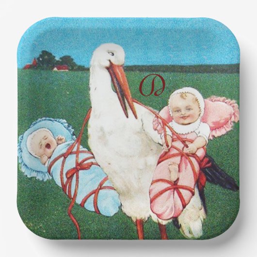 コウノトリ双児シャワーモノグラム ペーパープレート (正面)