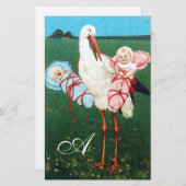 コウノトリ双児シャワーモノグラム 便箋 (正面/裏面)