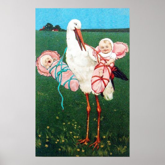 コウノトリ双子の女の子の赤ちゃんシャワーモノグラム。 ポスター (正面)