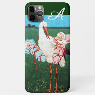 コウノトリ双子の赤ちゃんシャワー、ピンク、ティール(緑がかった色)ブルーモノグラム iPhone 11 PRO MAXケース