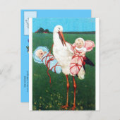 コウノトリ双子の赤ちゃんシャワー、ピンク、ティール（緑がかった色）ブルー インビテーションポストカード (正面/裏面)
