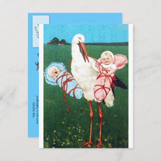 コウノトリ双子の赤ちゃんシャワー、ピンク、ティール(緑がかった色)ブルー インビテーションポストカード (正面/裏面)