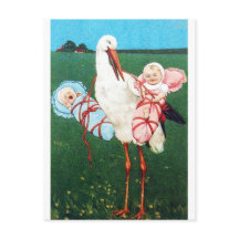 コウノトリ双子の赤ちゃんシャワー、ピンク、ティール（緑がかった色）ブルー