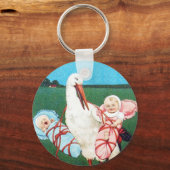 コウノトリ双子の赤ちゃんシャワー、ピンク、ティール(緑がかった色)ブルー キーホルダー (正面)
