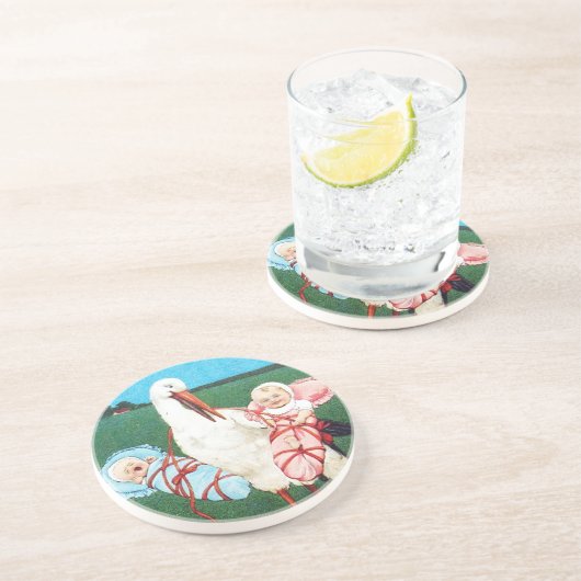 コウノトリ双子の赤ちゃんシャワー、ピンク、ティール(緑がかった色)ブルー コースター (側面)
