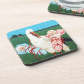 コウノトリ双子の赤ちゃんシャワー、ピンク、ティール(緑がかった色)ブルー コースター (左側)