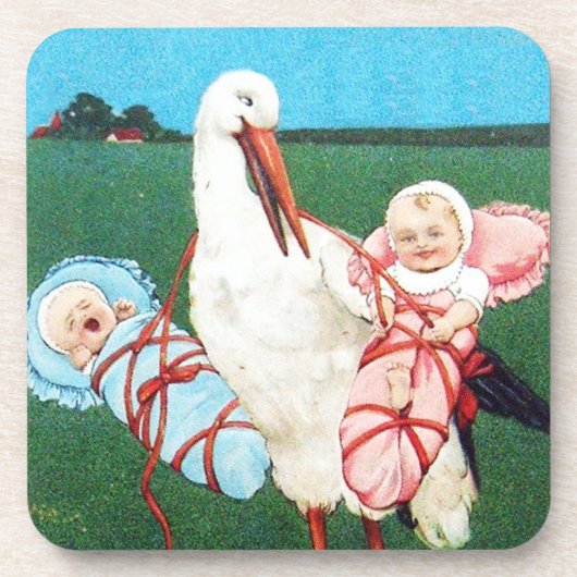 コウノトリ双子の赤ちゃんシャワー、ピンク、ティール(緑がかった色)ブルー コースター (正面)