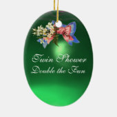 コウノトリ双子の赤ちゃんシャワー、ピンク、ティール（緑がかった色）ブルー セラミックオーナメント (裏面)