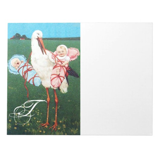 コウノトリ双子の赤ちゃんシャワー、ピンク、ティール(緑がかった色)ブルー ノートパッド (正面)