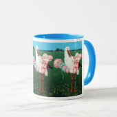 コウノトリ双子の赤ちゃんシャワー、ピンク、ティール(緑がかった色)ブルー マグカップ (正面右)