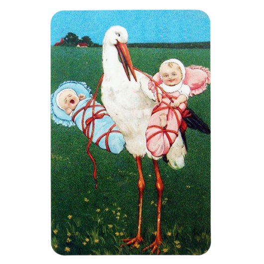 コウノトリ双子の赤ちゃんシャワー、ピンク、ティール（緑がかった色）ブルー マグネット (縦)