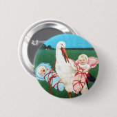 コウノトリ双子の赤ちゃんシャワー、ピンク、ティール(緑がかった色)ブルー 缶バッジ (正面&裏面)