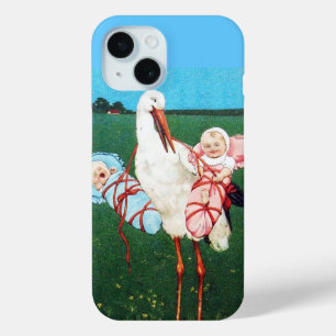 コウノトリ双子の赤ちゃんシャワー、ピンク、ティール(緑がかった色)ブルー iPhone 15ケース