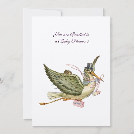 コウノトリ女の子の赤ちゃんシャワーピンクホワイトパール 招待状 (正面)