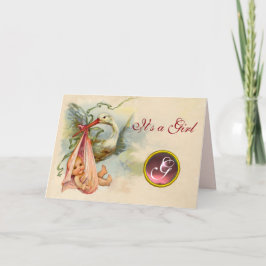 コウノトリ女の子の赤ちゃんシャワーピンク宝石モノグラム 案内状