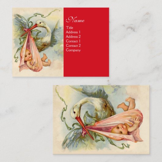 コウノトリ女の子の赤ちゃんシャワーピンク赤 名刺 (正面/裏面)